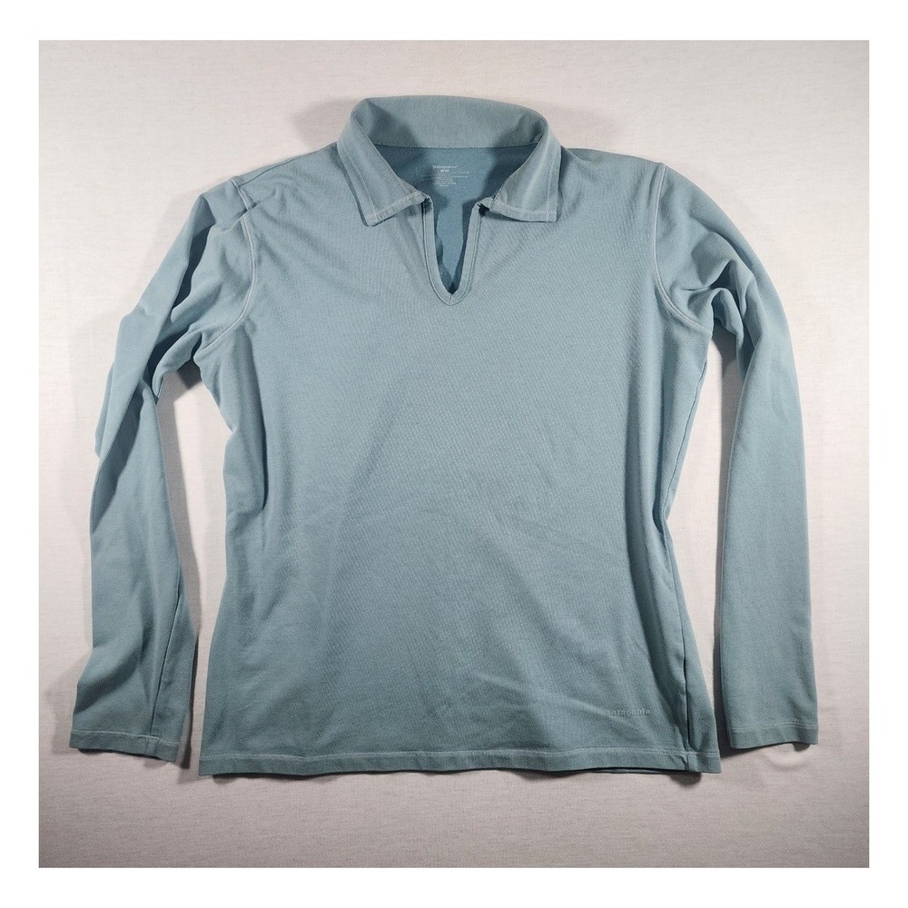 Patagonia Womens Large Blue Organic Cotton Blend Polo Long Sleeve V-Neck Shirt - Picture 1 of 8